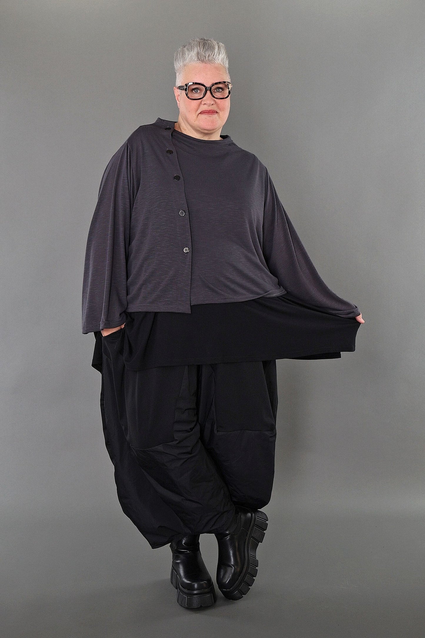 7006 "Celine"  Side Button Up Cardigan - Dark Grey