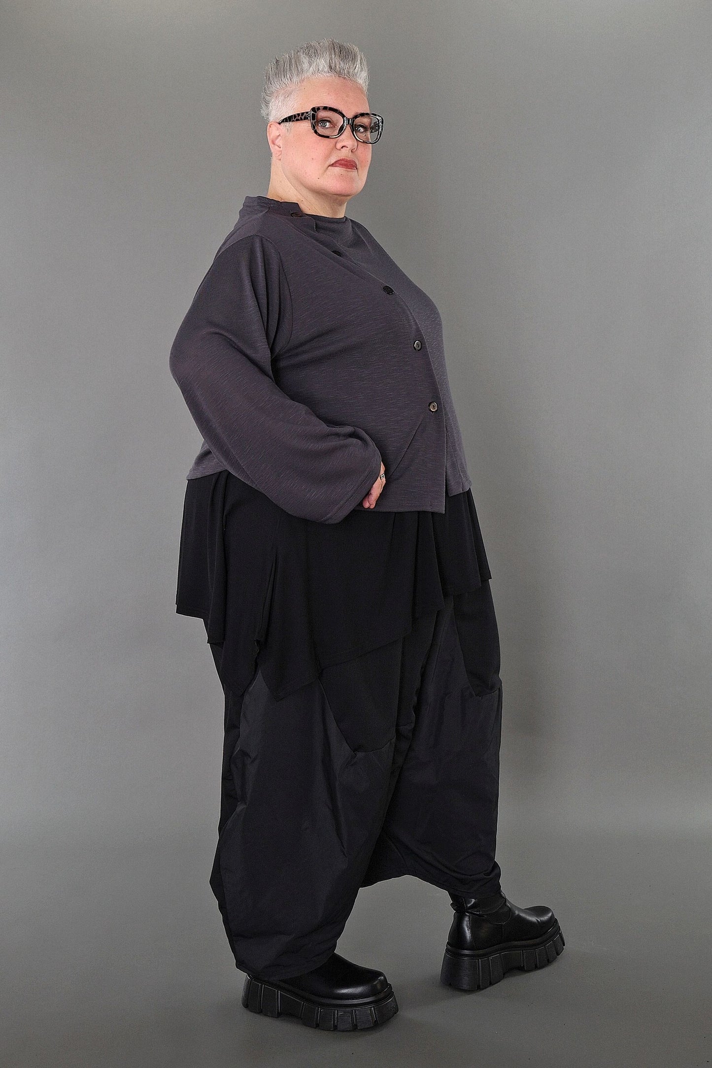 7006 "Celine"  Side Button Up Cardigan - Dark Grey