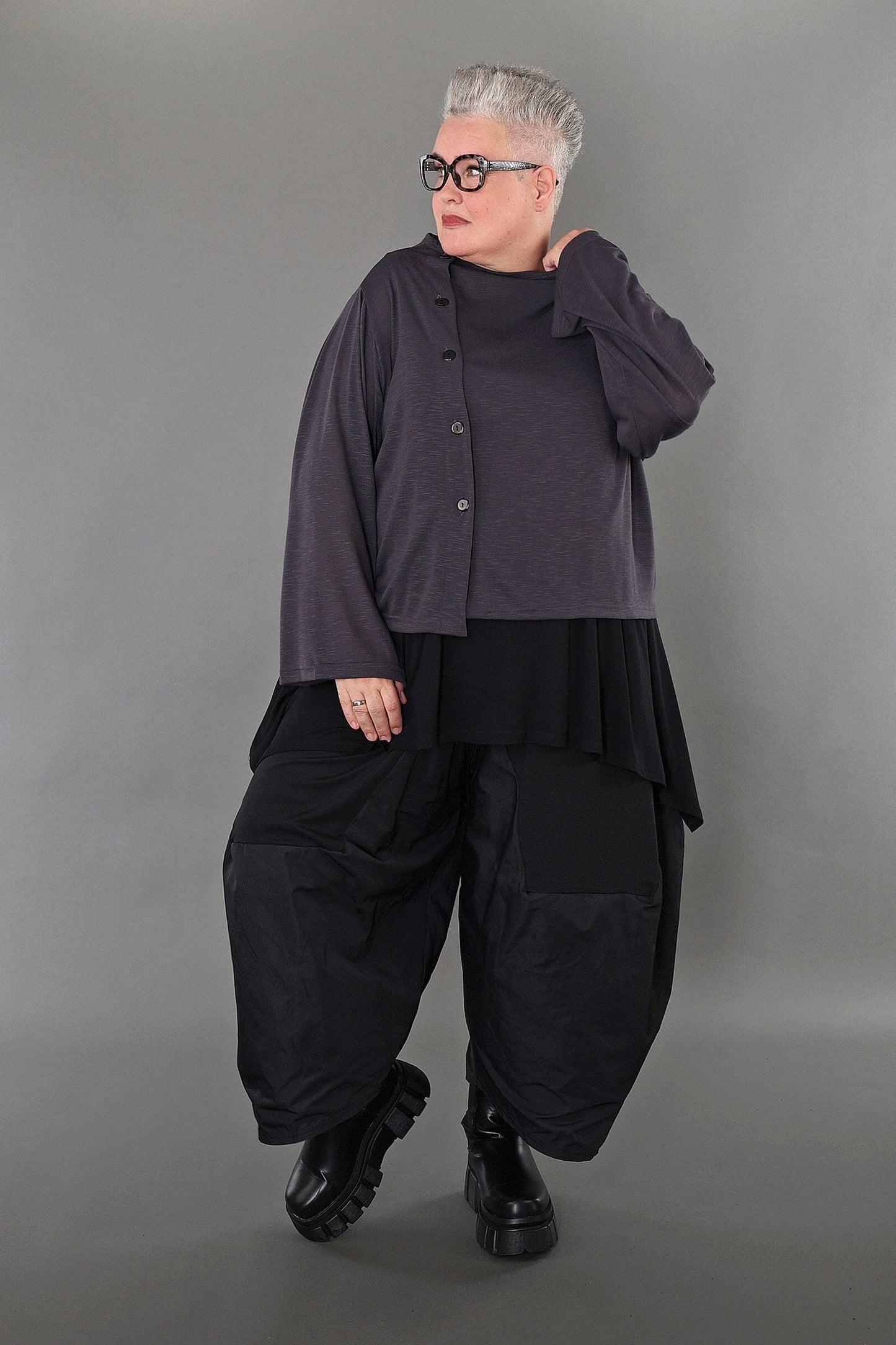 7006 "Celine"  Side Button Up Cardigan - Dark Grey