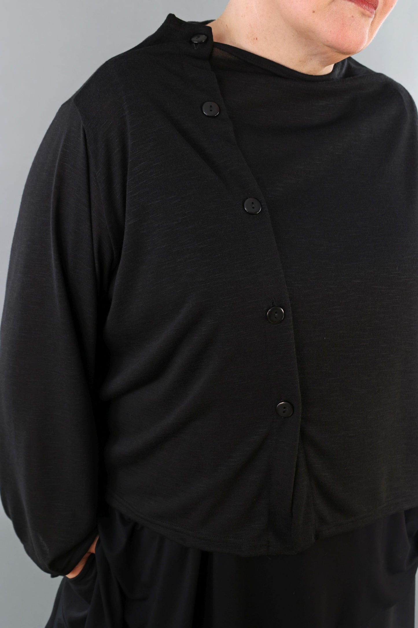 7006 "Celine"  Side Button Up Cardigan - Black